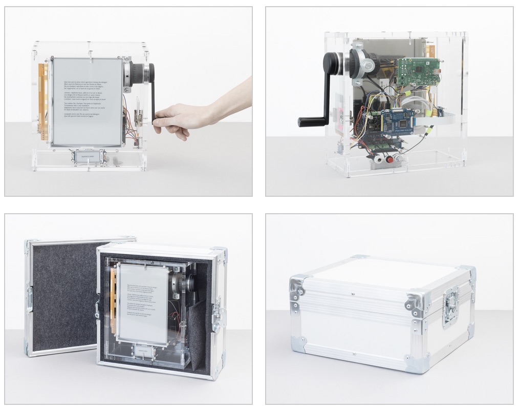 A clear plastic box with an e-ink screen and visible circuits