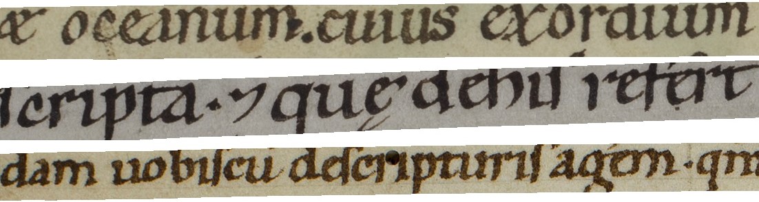 Three differing lines of handwritten Carolingian miniscule