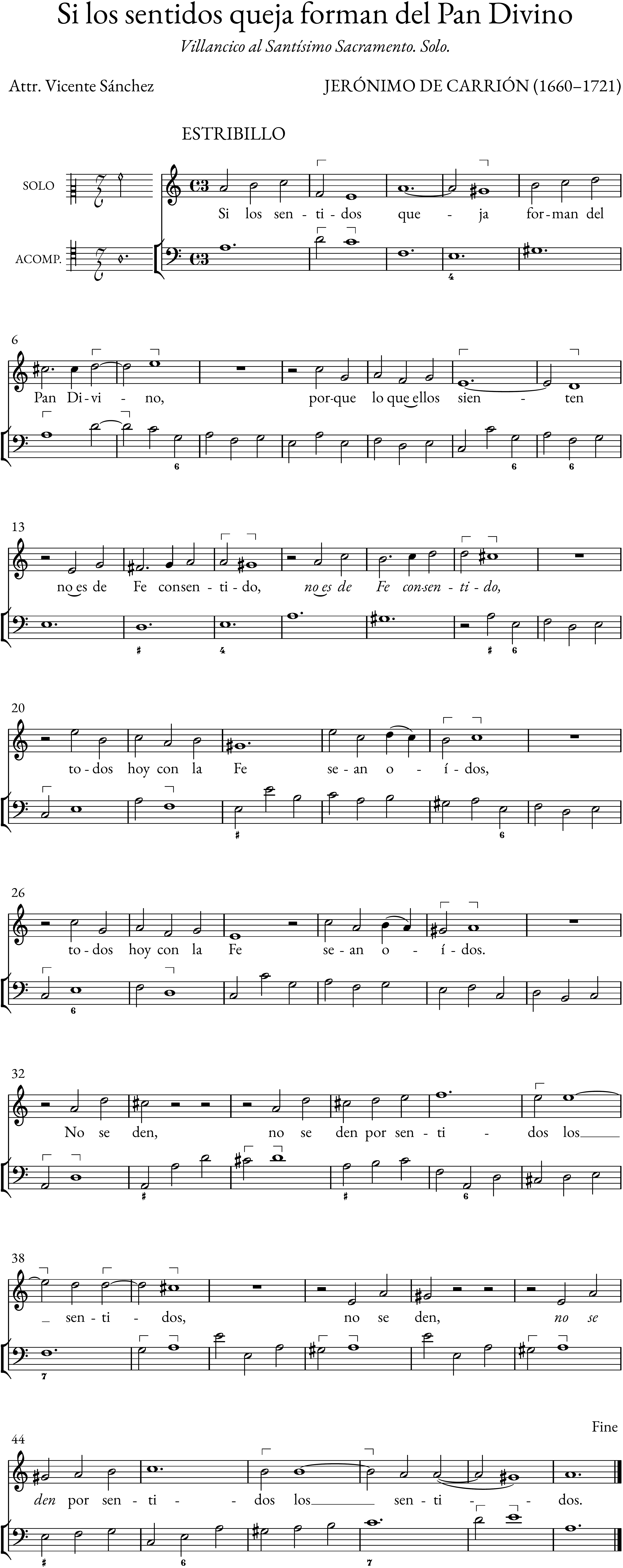 Sheet music for "Si los sentidos queja forman del Pan Divino"