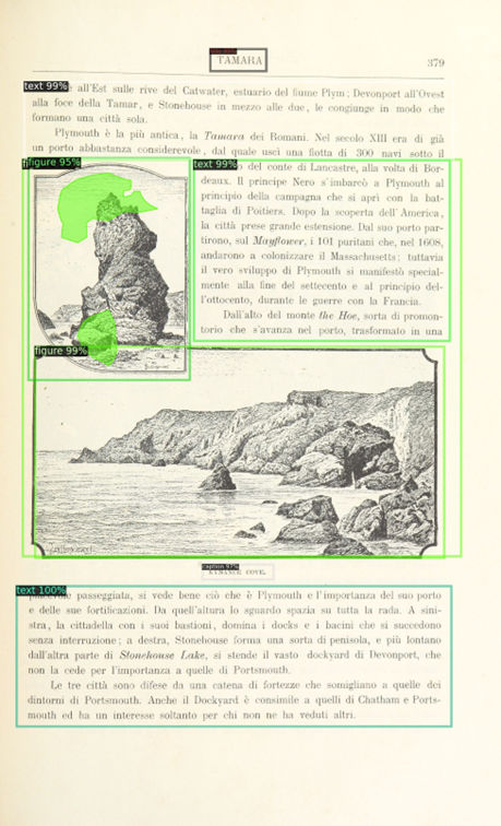 Shows an illustrated page in which different sections have been correctly identified: a heading, three sections of text, and two overlapping figures with one corresponding caption reading “Kynance Cove” . The figures show a coastline and a close-up of a rock.
