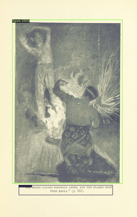 Shows a full-page illustration in which different sections have been correctly identified: one figure and one caption, reading “The herbs caught strongly afire, and the flames beat upon Keola” . The figure shows two men startled by the flames in front of them; it is a scene from “The Isle of Voices” by Robert Louis Stevenson.