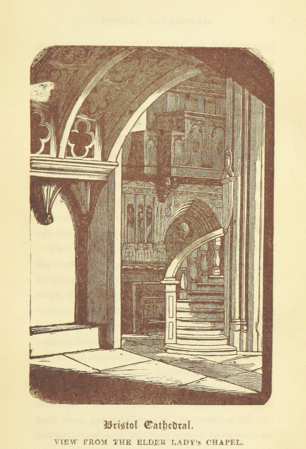 A black and white illustration that shows an interior view and architectural features of a small space in Bristol Cathedral that includes a curved stairway, wall carvings, and a decorated curved part of the ceiling. The caption underneath the image is “Bristol Cathedral. View from the Elder Lady's Chapel” .