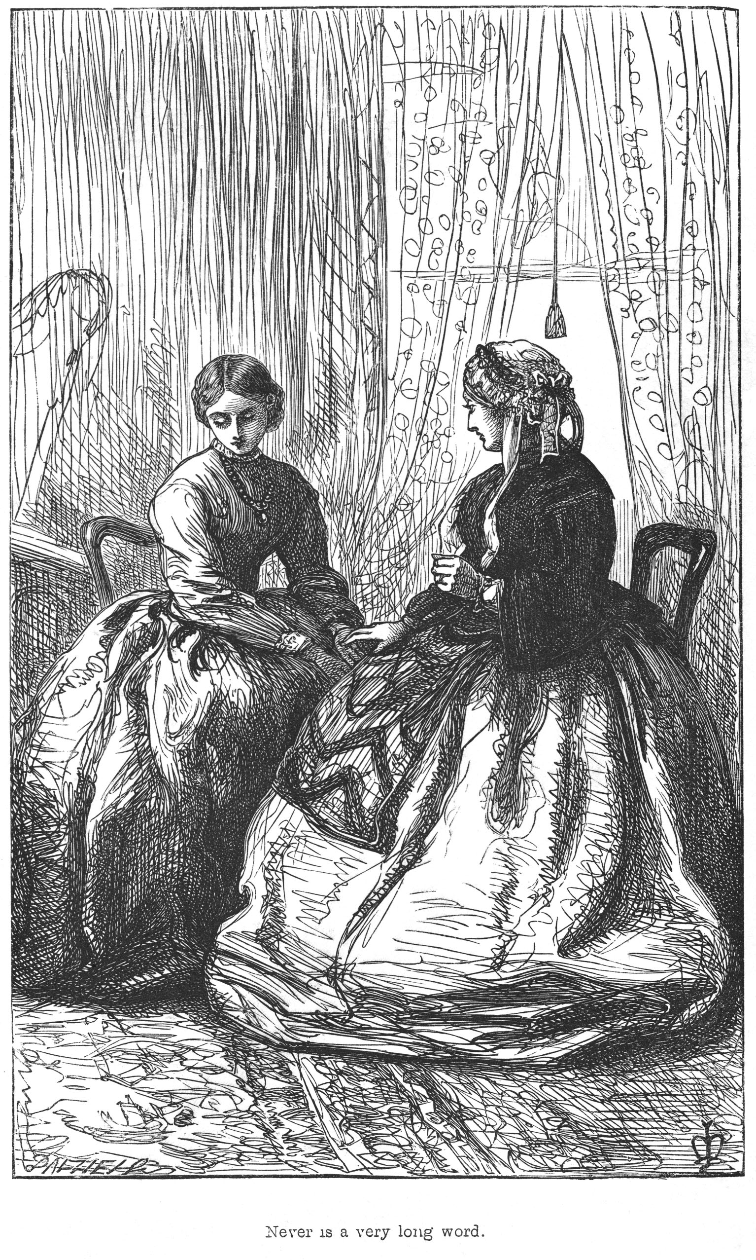 A black and white, full-page wood-engraved image of a Victorian interior that shows two women in Victorian dress sat in front of a window. The younger woman stares at the floor while the older woman touches her hand. The caption beneath the image is “Never is a very long word” .