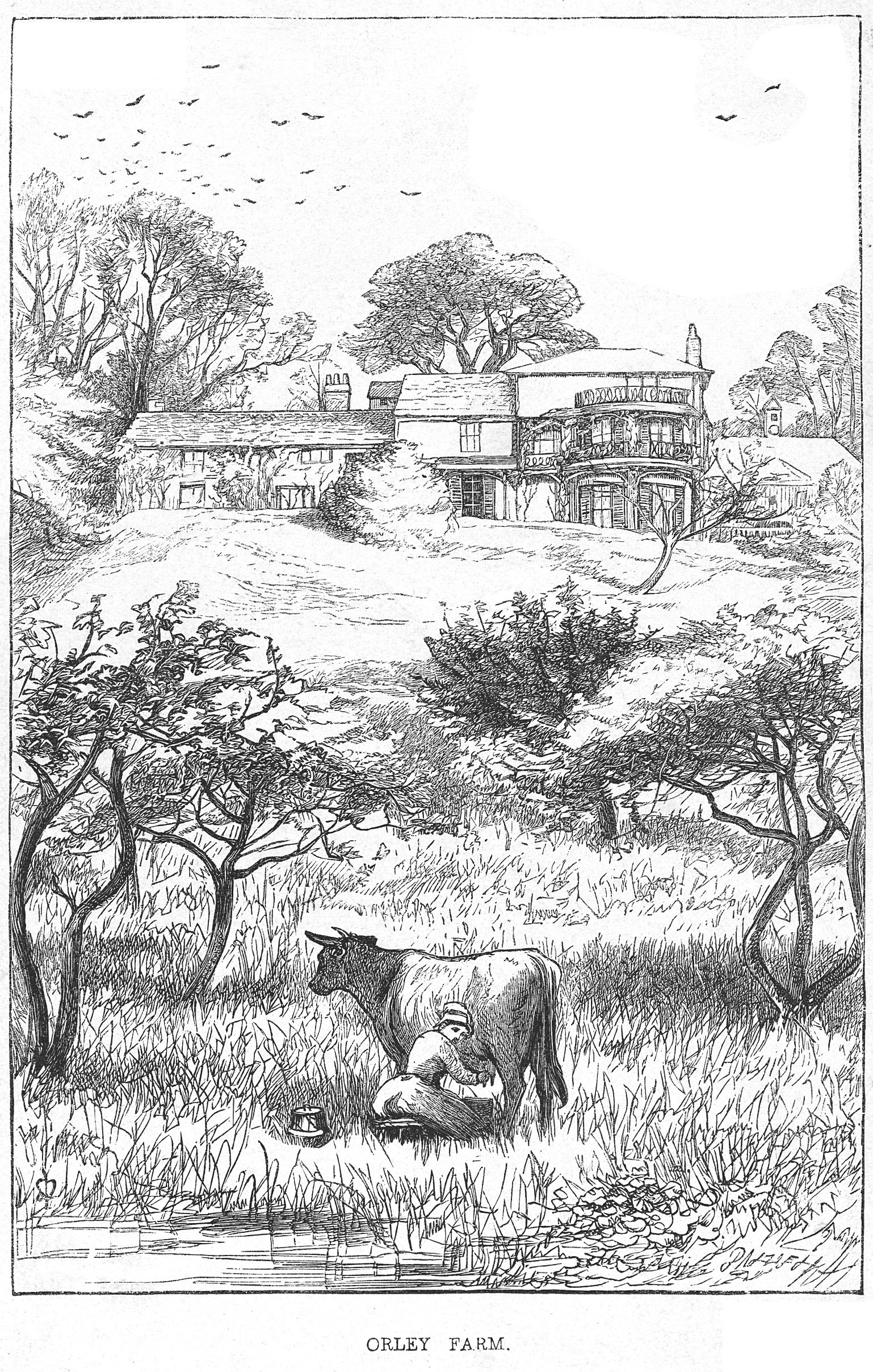 A black and white, full-page wood-engraved image of a pretty landscape with trees, which shows a large house set on top of a small hill and a milkmaid milking a cow in the valley below. Underneath the image is a caption, which reads “ORLEY FARM” .