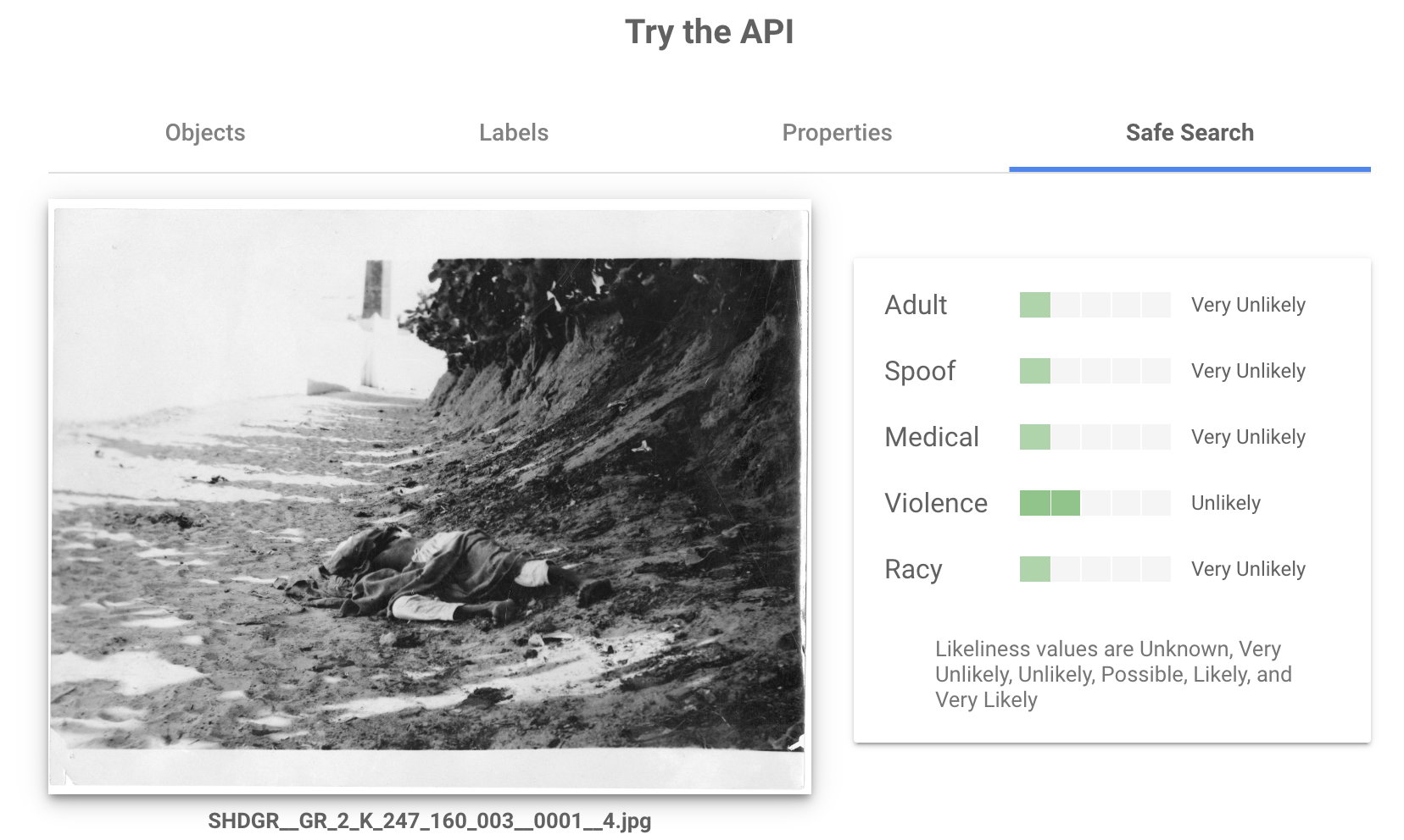 Google Vision API test showing Unlikely result for automatic detection of violence in a photograph of the body of a person killed during the Italo-Turkish war in Libya.