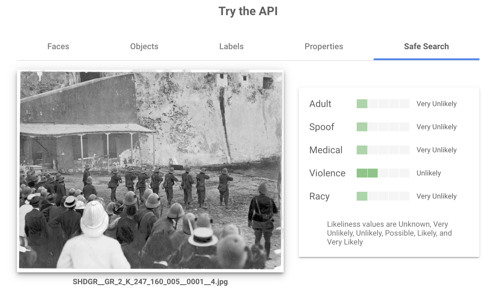 Google Vision API test showing Unlikely result for automatic detection of violence in a photograph of an Italian firing squad carrying out an execution during the Italo-Turkish war in Libya.