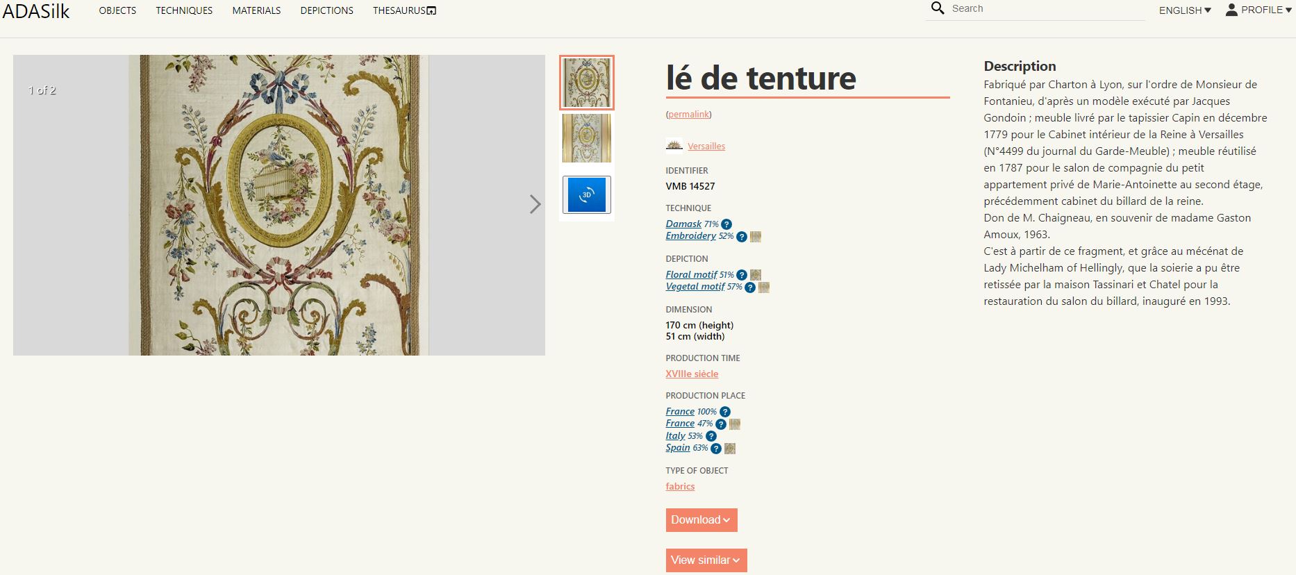 screenshot of ADASilk web-interface with image and metadata