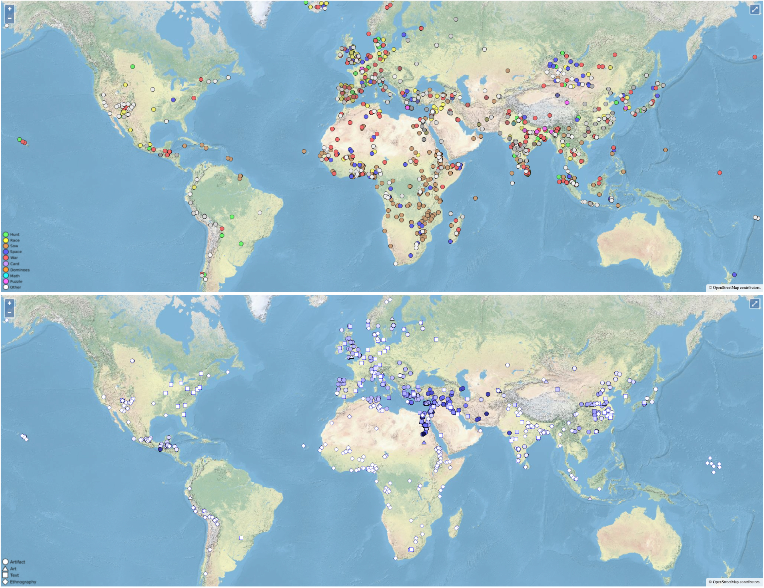 Two world maps, one with points for the earliest evidence of each game and one with a point for every piece of evidence in the database.