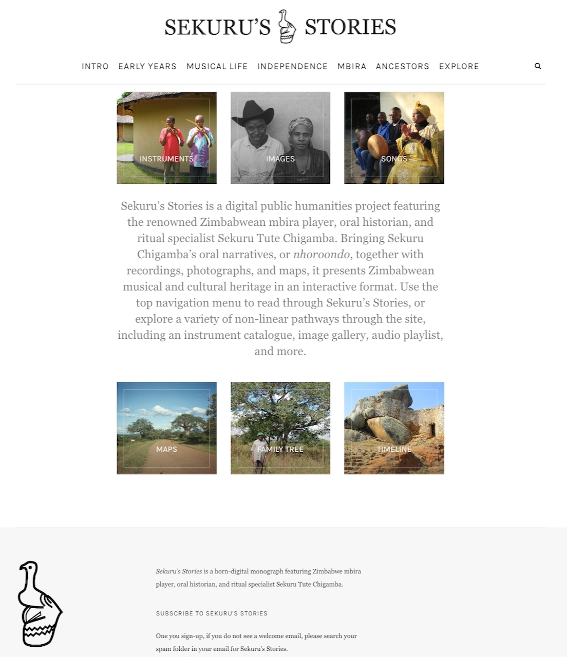 Screenshot of the homepage for _Sekuru's Stories_ , featuring rows of three clickable buttons with thumbnail sized photos at the top and bottom and brief text with the project description at the center.