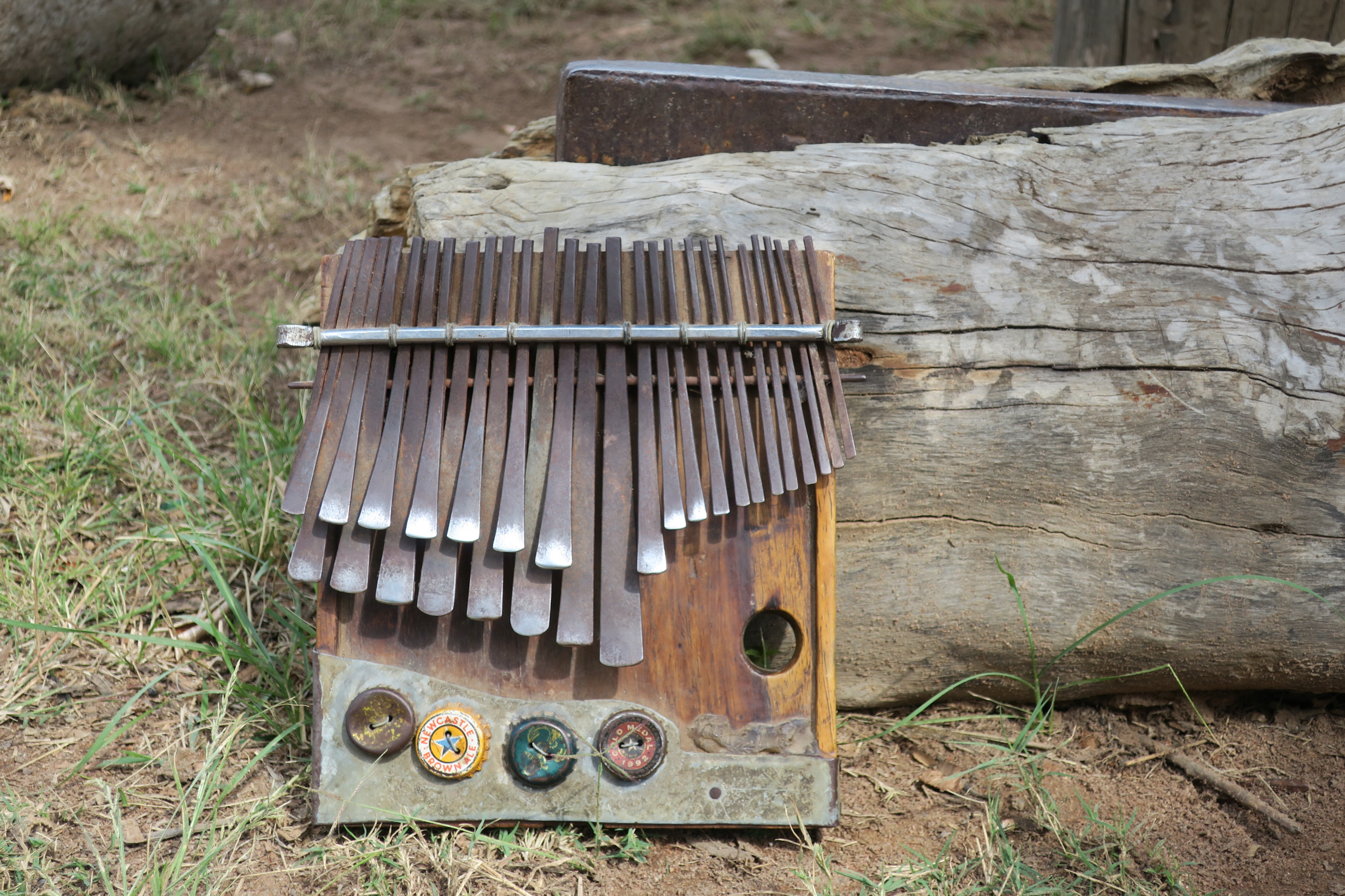 Photograph of a mbira dzavadzimu made out of wood, metal, and bottle caps propped against a piece of tree trunk supporting a piece of railway tie used as an anvil to make mbira.