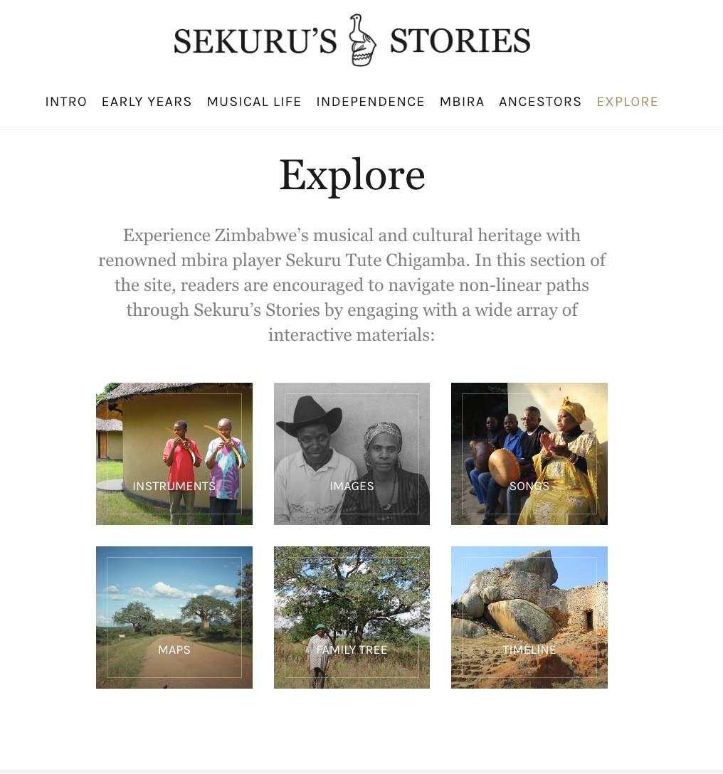 Screenshot of the “Explore” page for _Sekuru's Stories_ , featuring a short text explanation followed by two rows of three clickable buttons with thumbnail-sized photos.