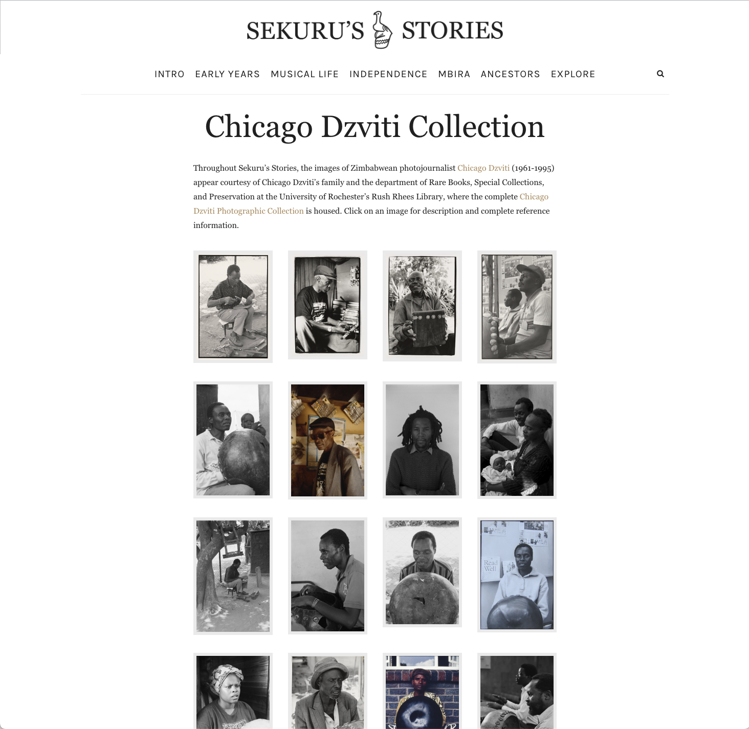 Screenshot of the Chicago Dzviti Collection image gallery in _Sekuru's Stories_ , featuring a title and description at the top of the page followed by a grid of twelve photograph thumbnails.