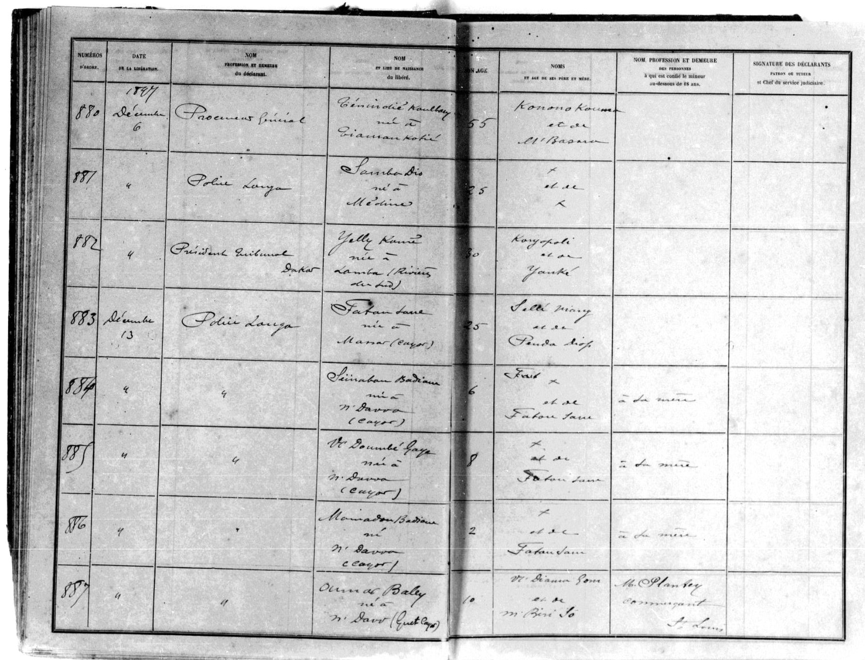Entry for the Liberation of Fatou Sane and her children (13 December 1897), Reigstre XIV (1897), Reel no. 6, p. 15. Available at: [https://searchworks.stanford.edu/view/5185180](https://searchworks.stanford.edu/view/5185180).