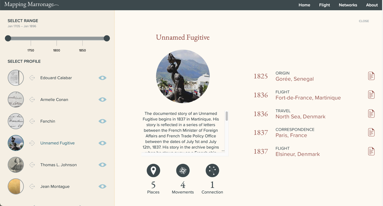 Screenshot of a page on “Mapping Marronage” , which provides a biographical narrative for the unnamed fugitive on the _Neptune_ .