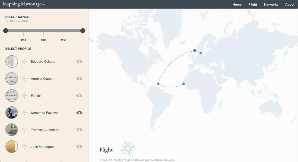 Screenshot of a page on “Mapping Marronage” , which shows the flight map for the unnamed fugitive on the _Neptune_ .
